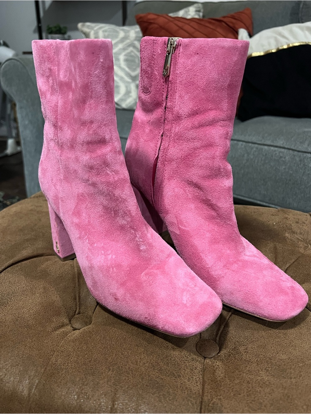 Sam Edelman Pink Suede Mid-Heel Ankle Boots